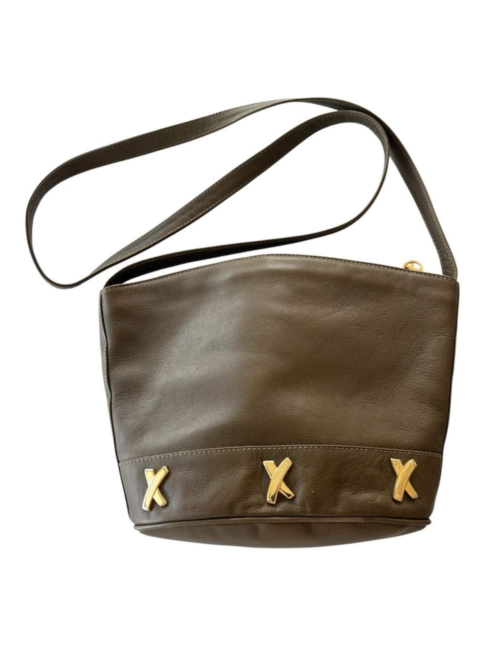 Vintage Paloma Picasso Italian Leather Olive Green Shoulder Bag Gold X Hardware